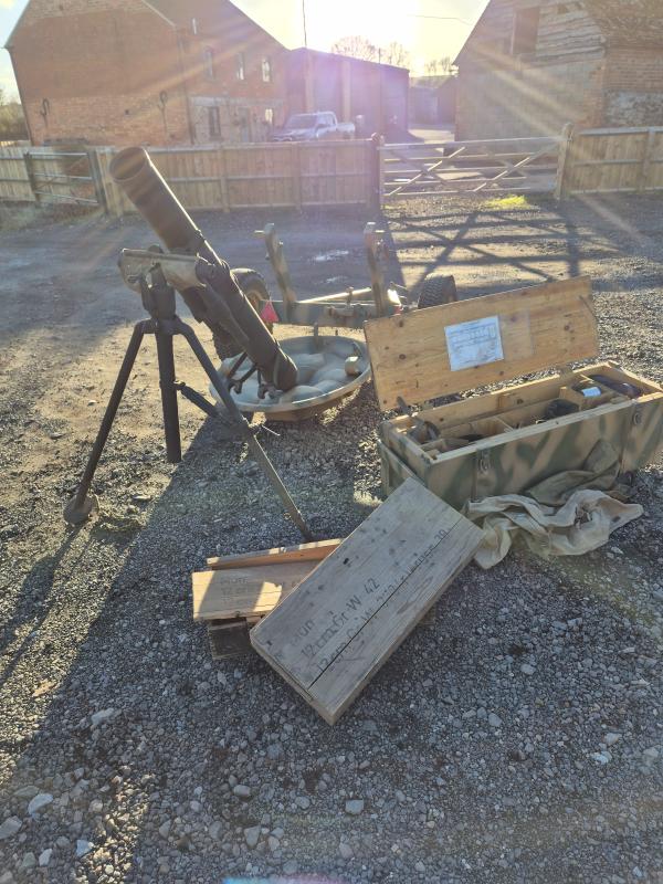 1941 made, 12cm Russian Mortar with trailer, WW2 German boxes and huge box with equipment